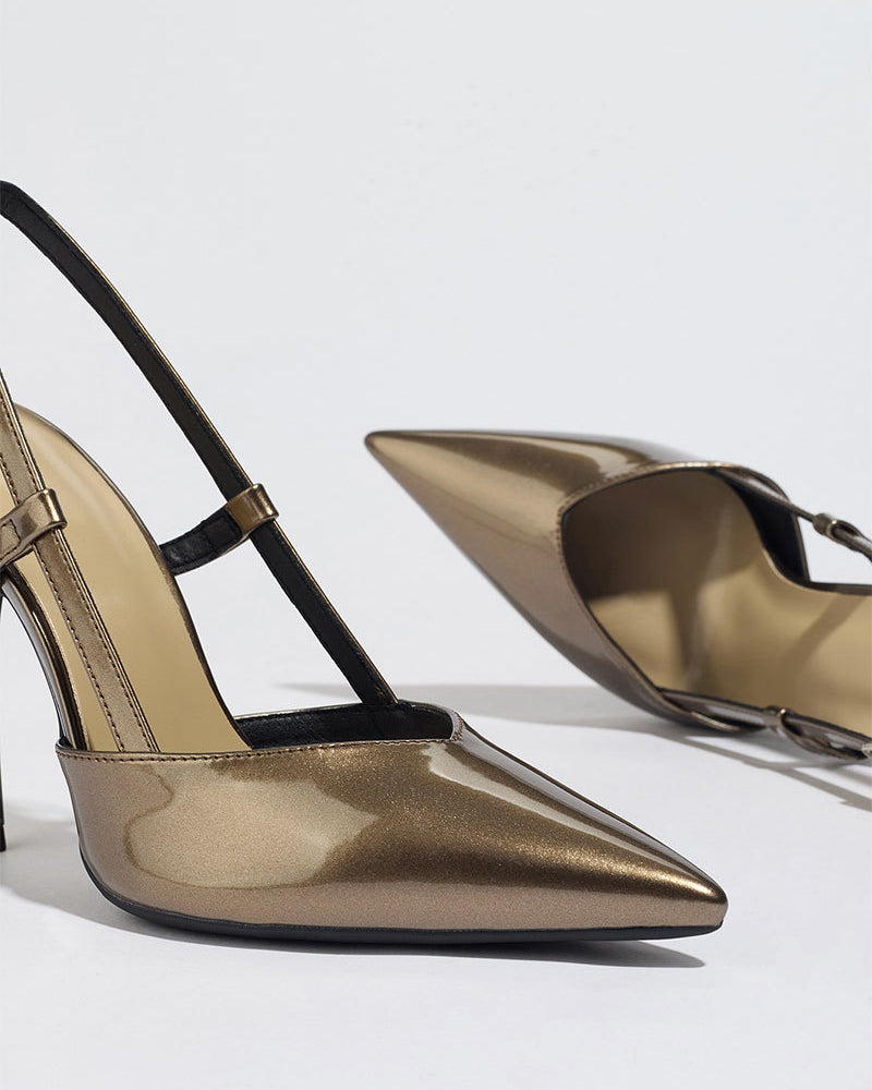 Mescini bronze metallic slingback heels, close view of the two pointed toes, US women's sizes