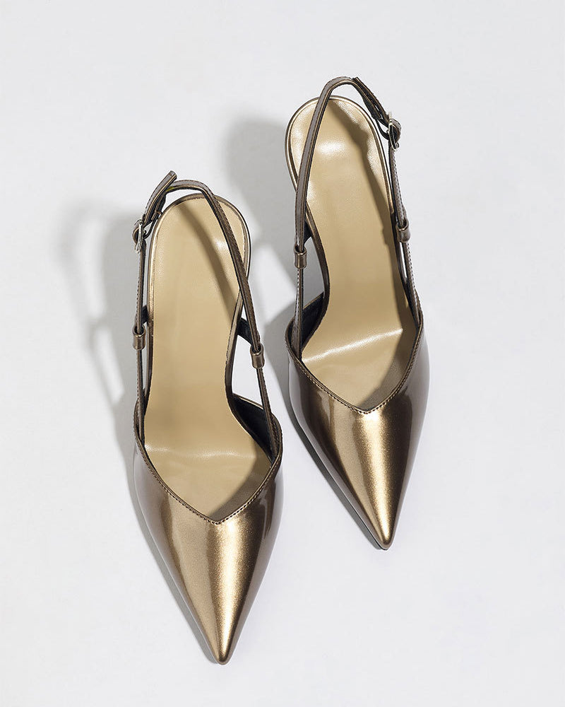Mescini bronze metallic pointed toe slingback heels, pair seen from above, US women's sizes