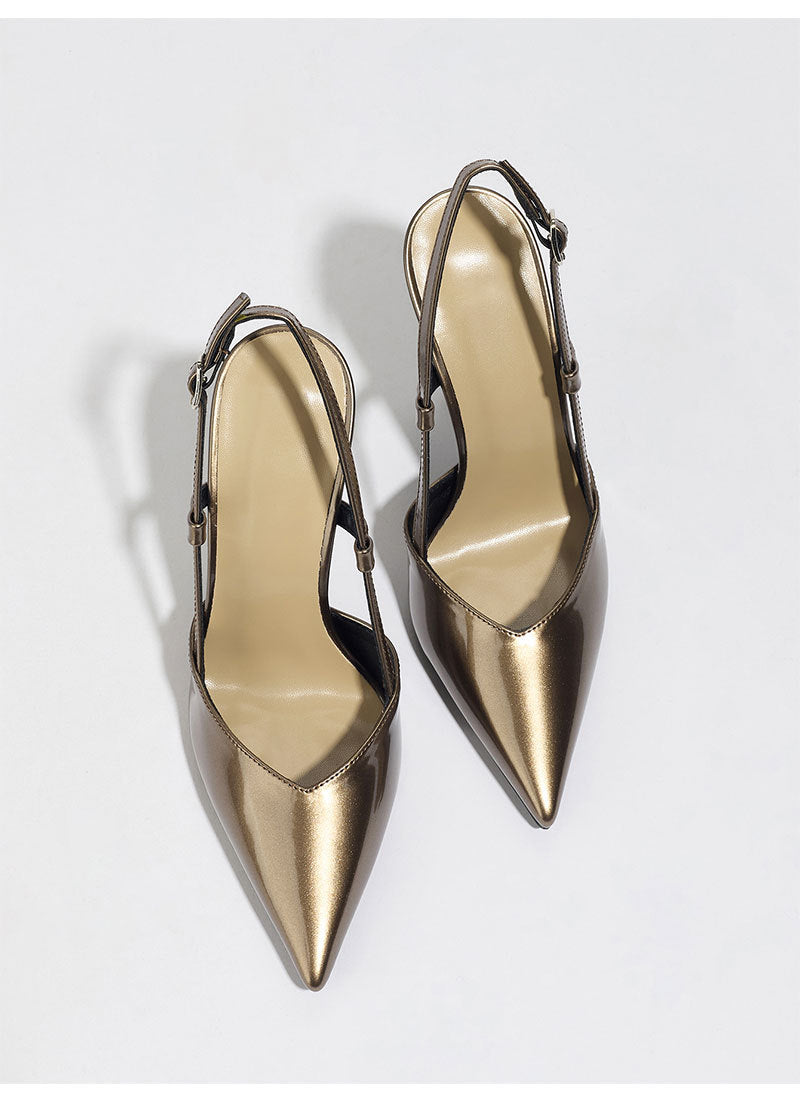 Mescini bronze metallic pointed toe slingback heels, pair seen from above, US women's sizes