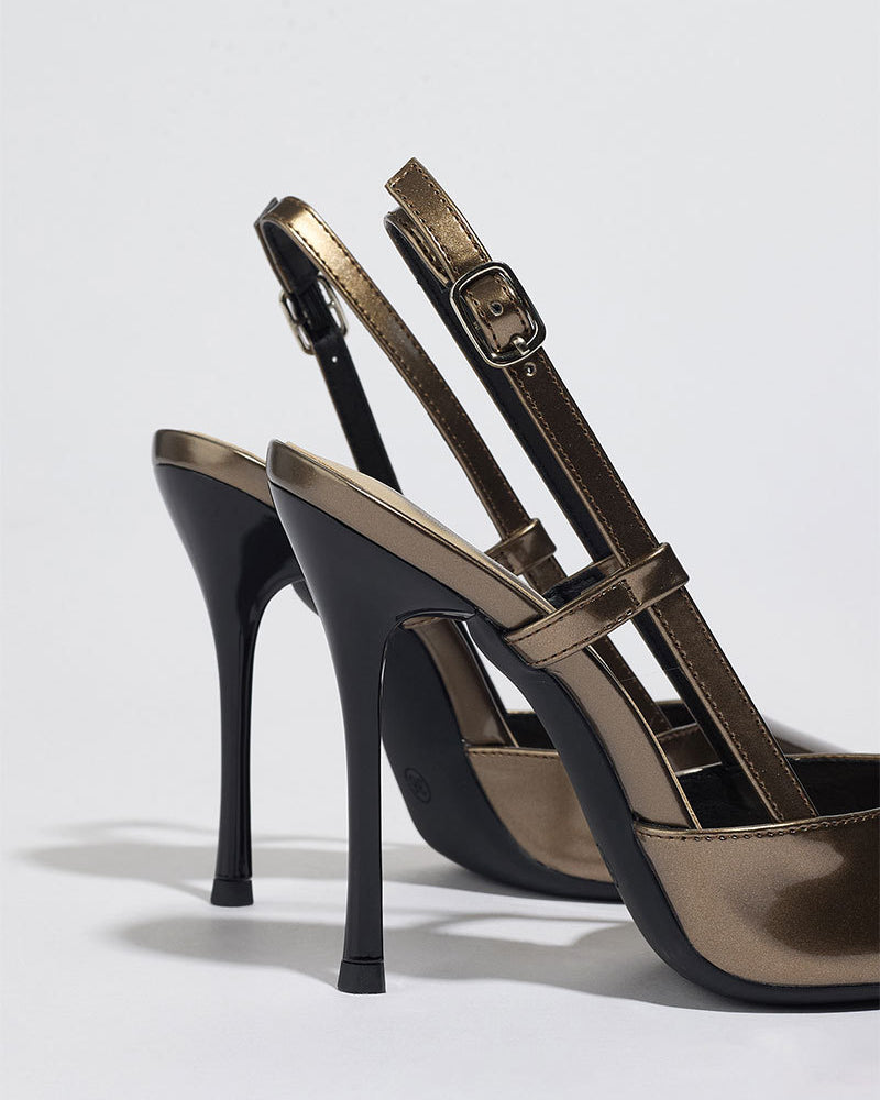 Mescini bronze metallic pointed toe slingbacks, rear view of the stiletto heels, US women's sizes