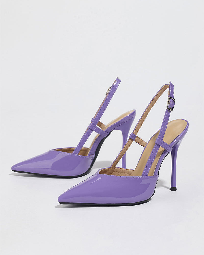 Mescini purple patent pointed toe slingback heels, angled pair on white, US women's sizes