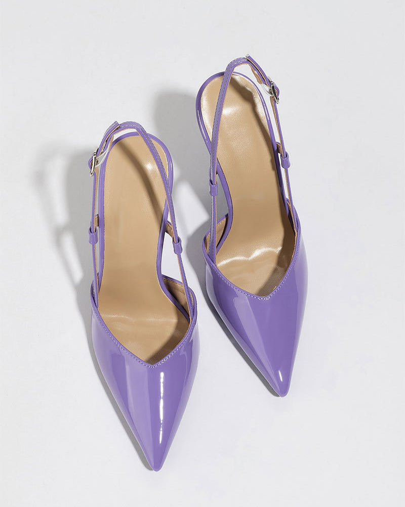 Mescini purple patent pointed toe slingback heels, pair seen from above, US women's sizes
