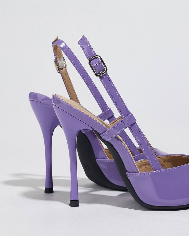 Mescini purple patent pointed toe slingbacks, rear view of the stiletto heels, US women's sizes
