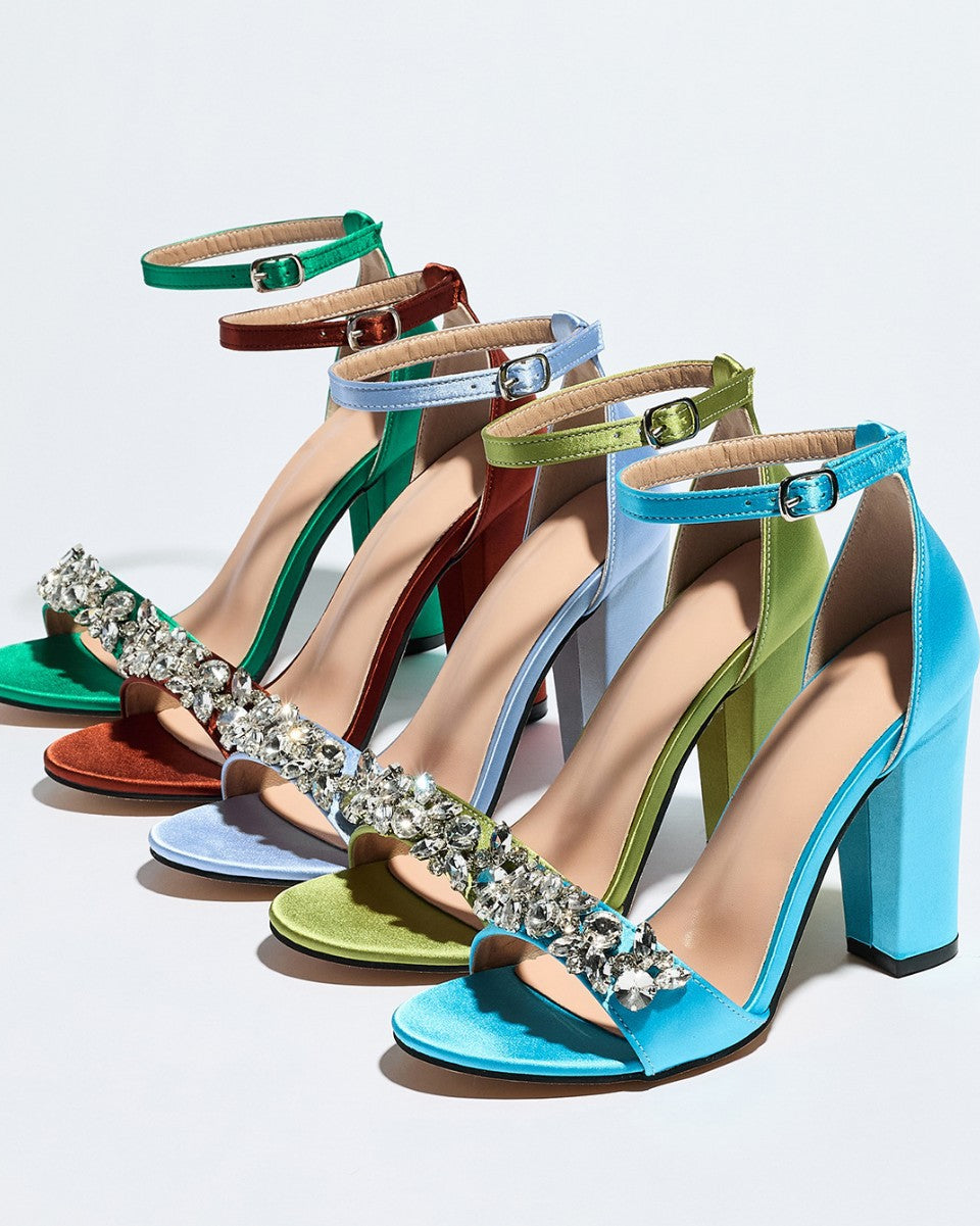 Mescini - crystal strap block heel sandals in five colors, full pair view, US women's sizes