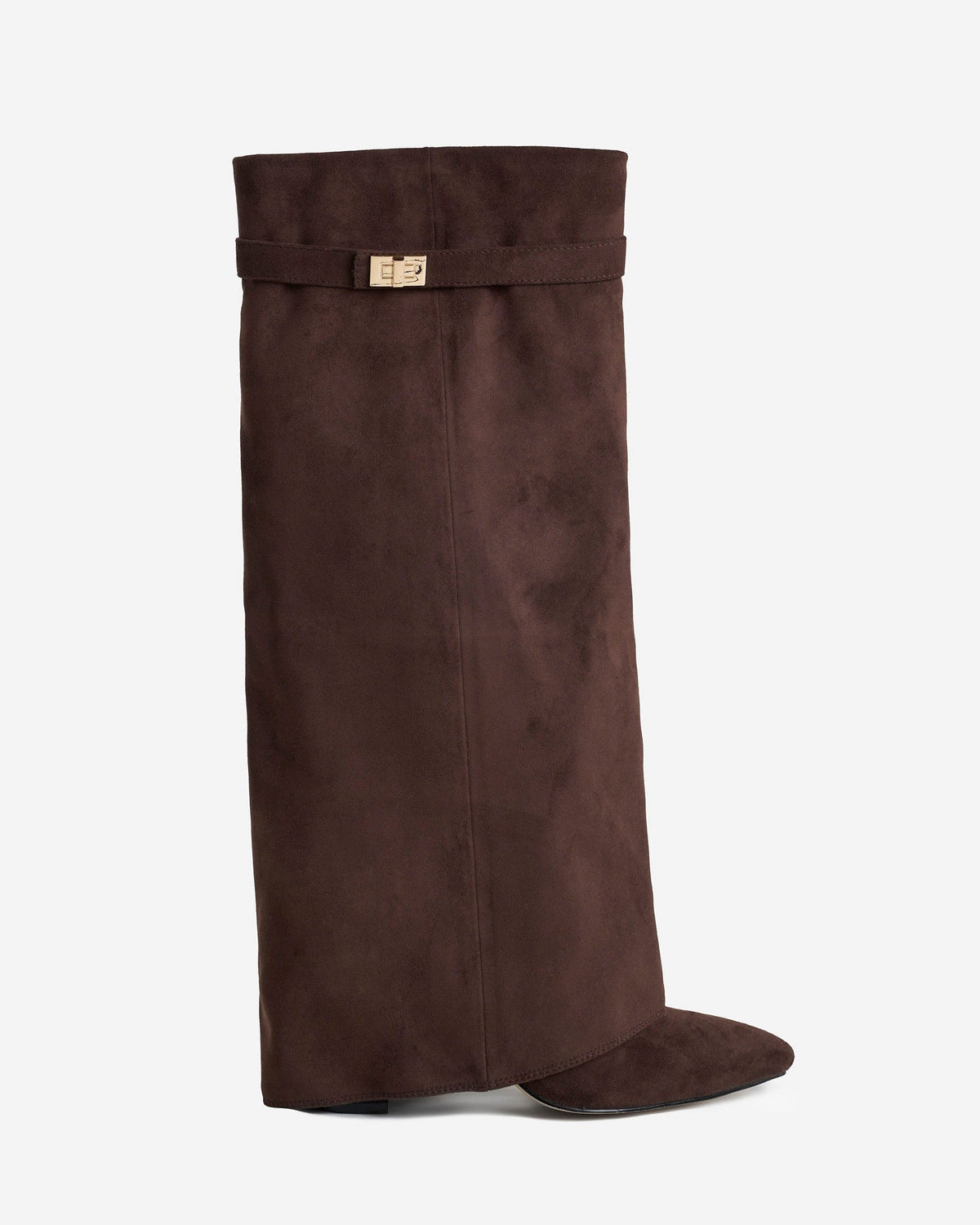 Mescini dark brown fold over knee high boots, full side view on a studio backdrop, US sizes