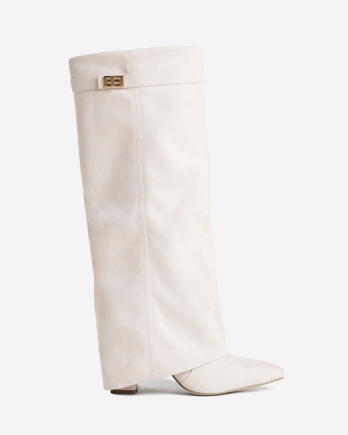 Mescini cream fold over knee high boots, full side view on a studio backdrop, US sizes