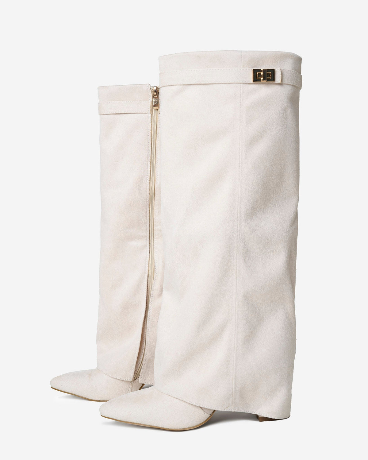Mescini cream fold over knee high boots, rear three quarter view of the shaft, US sizes