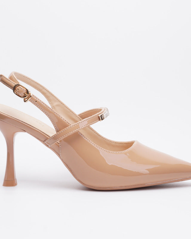 Mescini nude crystal strap pointed slingback pumps, single shoe photographed in profile, US women's sizes