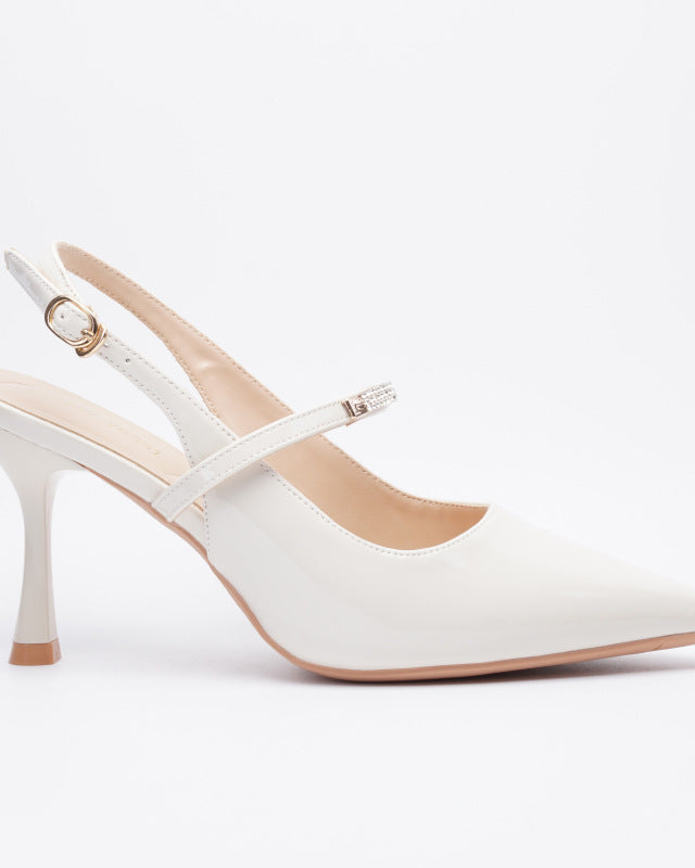 Mescini white crystal strap pointed slingback pumps, single shoe seen from the side, US women's sizes