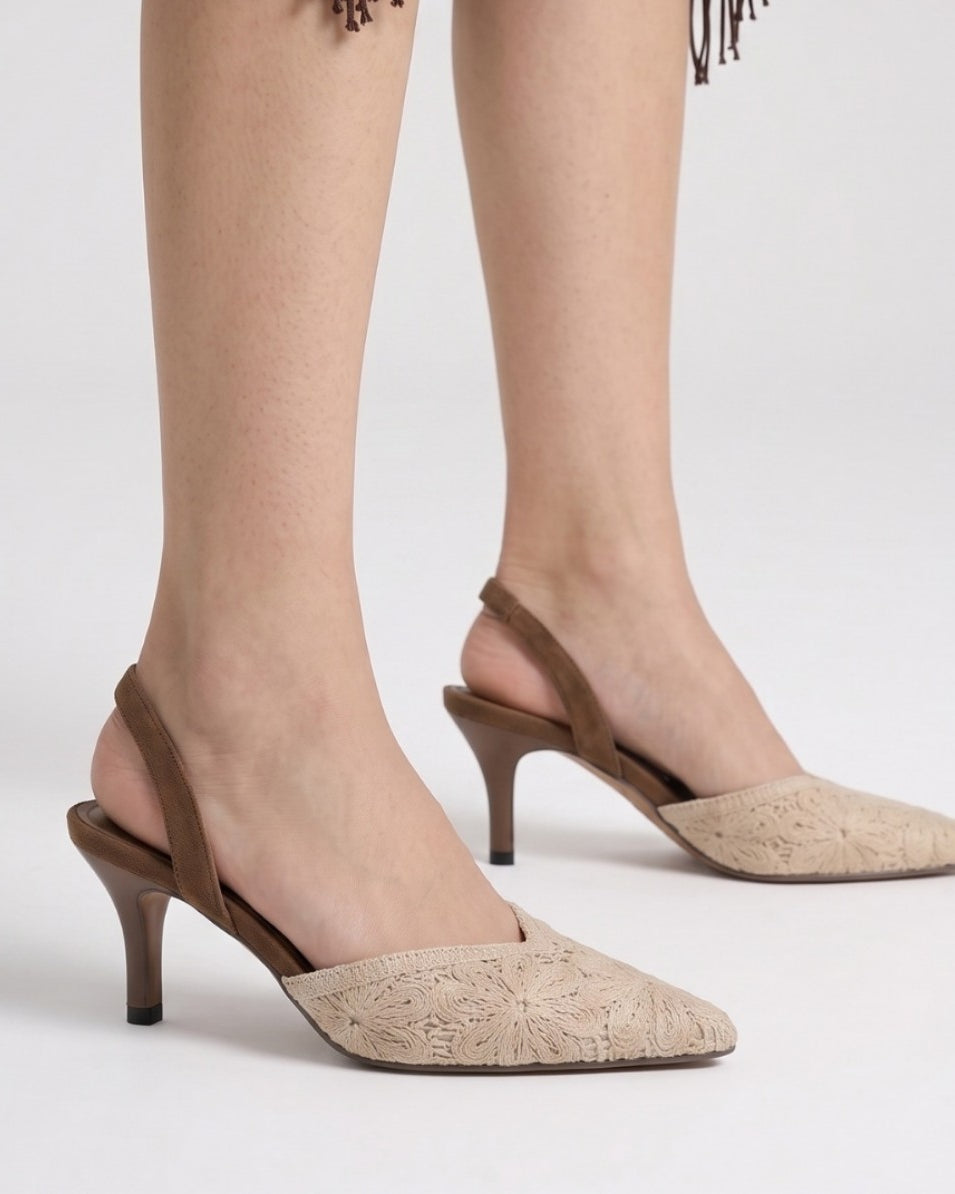 Mescini - Brown slingback heels standing, strap across the heel, US women's sizes