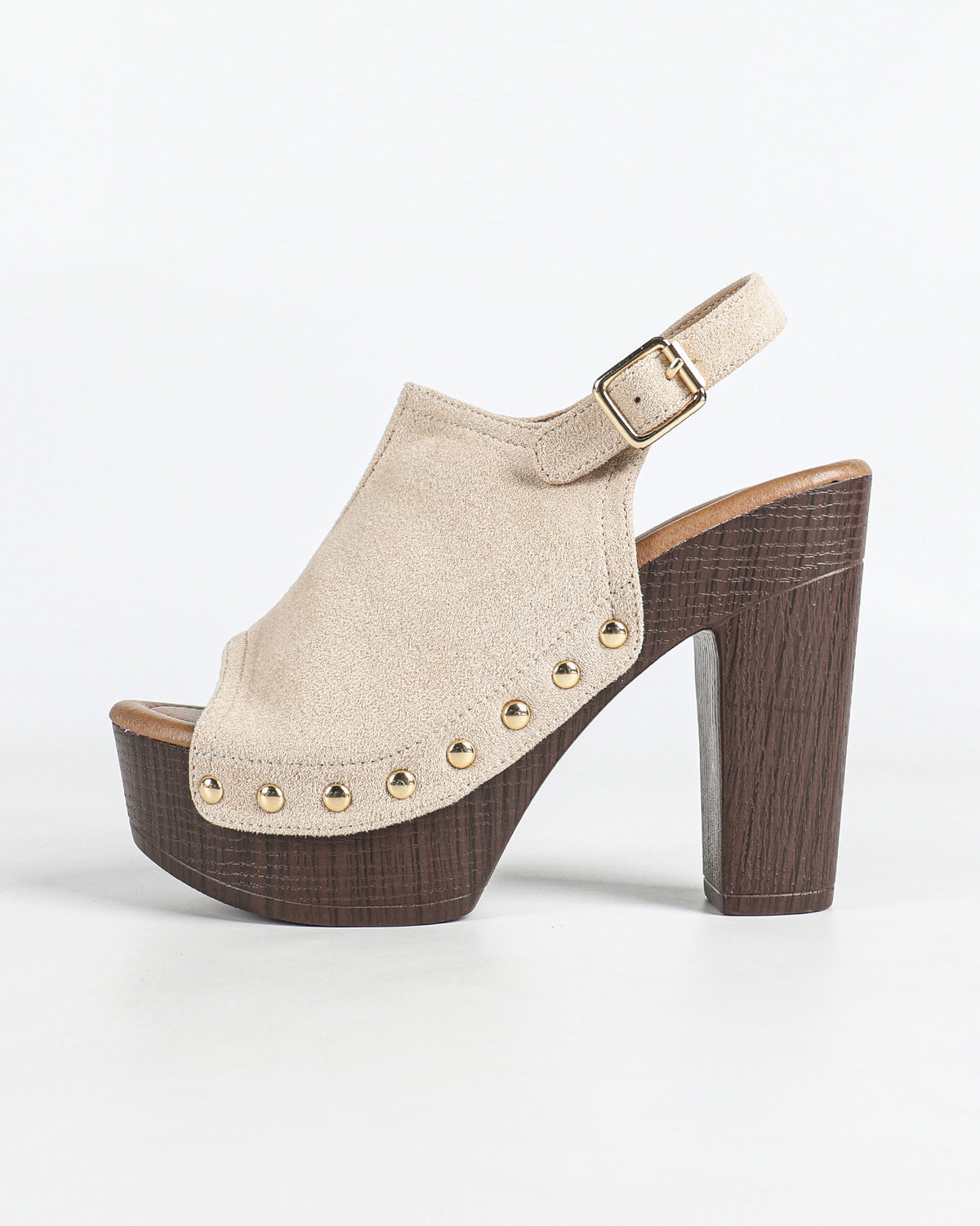 Mescini apricot studded platform slingback sandals, side view of one shoe, US women's sizes