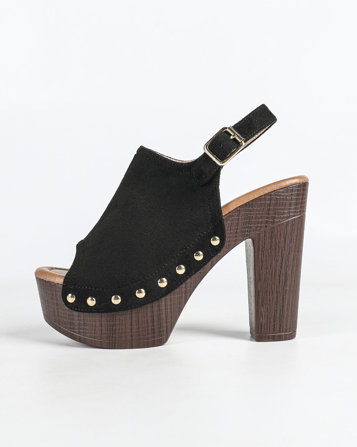 Mescini black studded platform slingback sandals, side view of one shoe on white, US women's sizes
