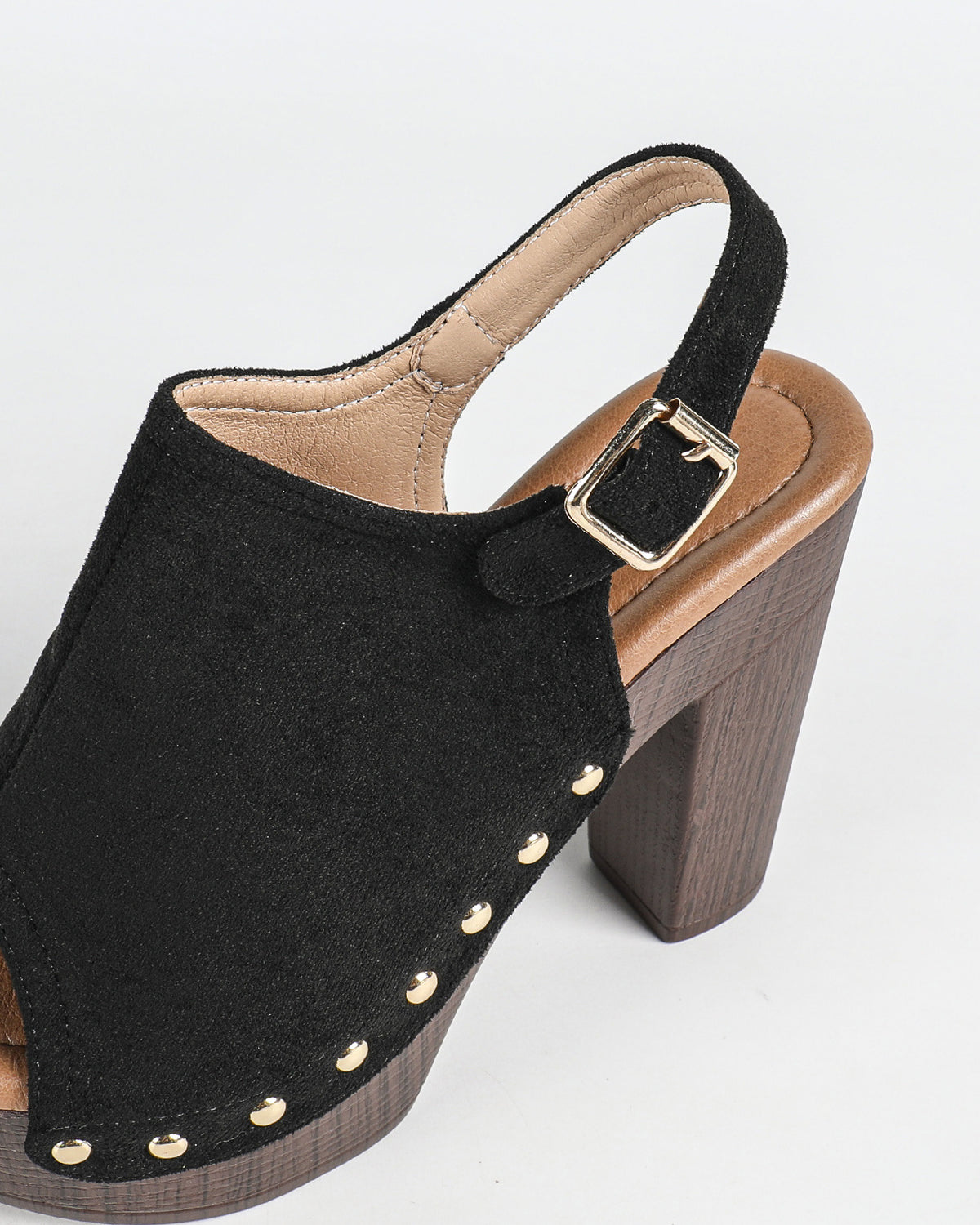 Mescini black studded platform slingback sandals, close up of the gold stud trim, US women's sizes