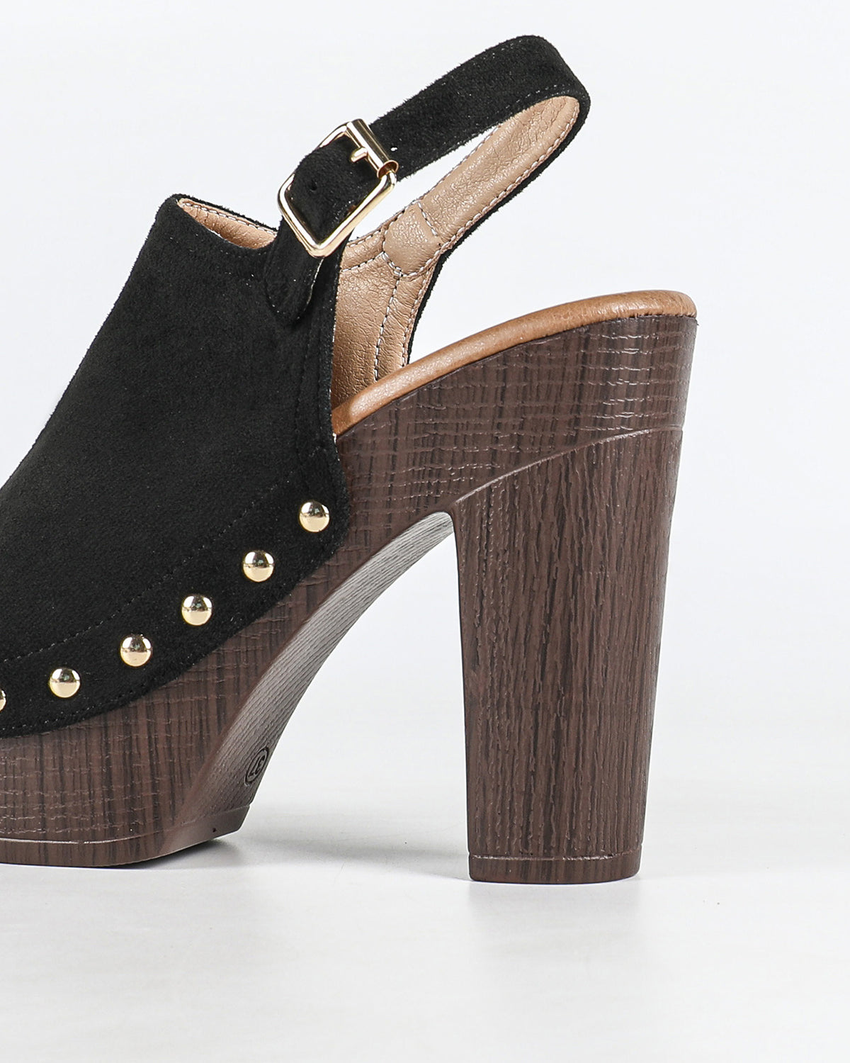 Mescini black studded platform slingback sandals, rear angle with the wooden heel, US women's sizes