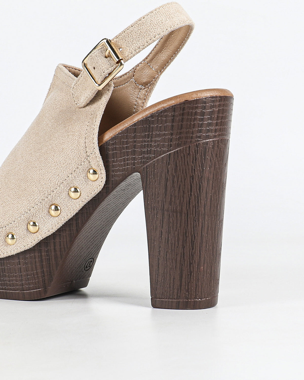 Mescini apricot studded platform slingback sandals, rear angle with the wooden heel, US women's sizes