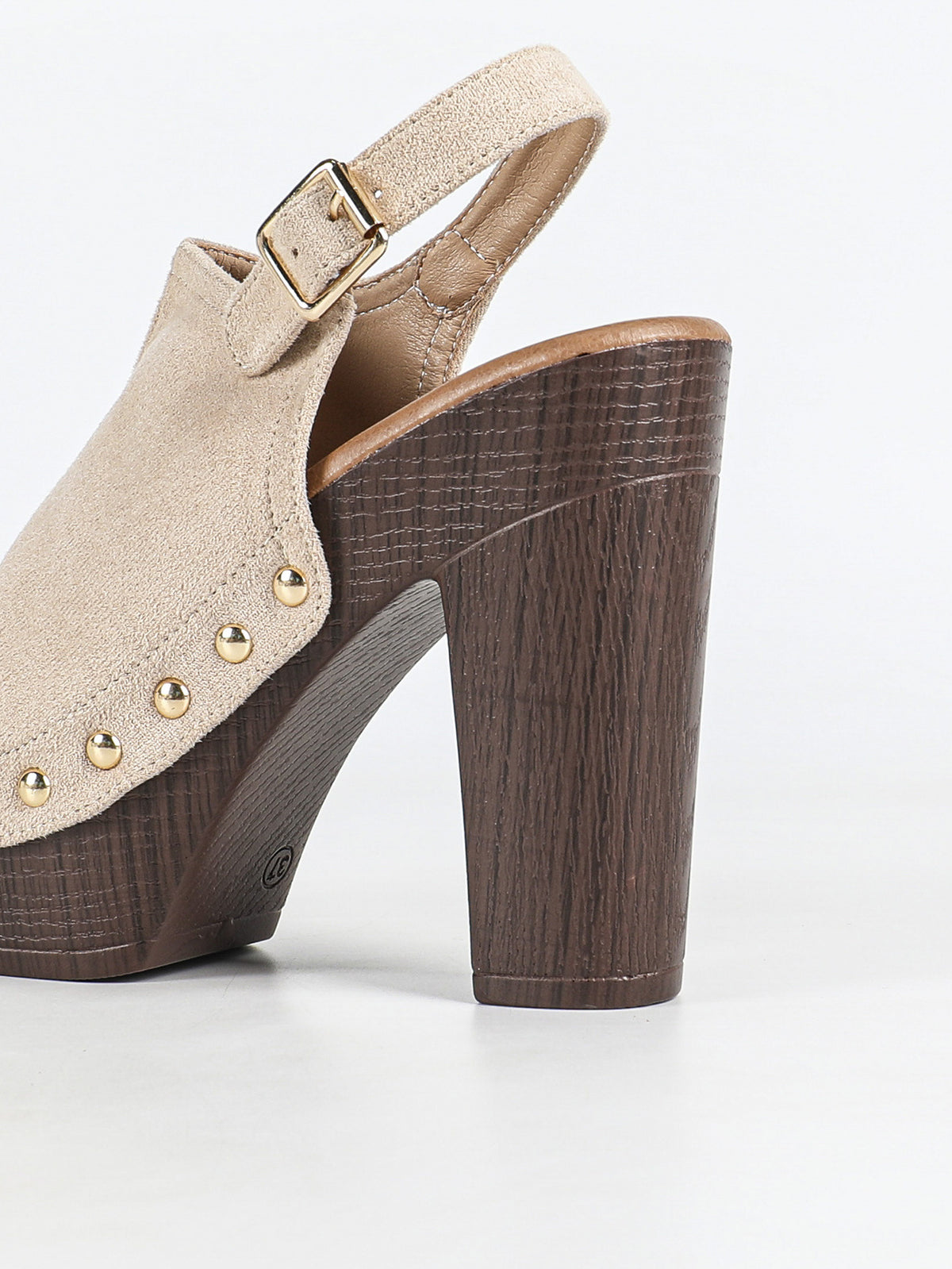 Mescini apricot studded platform slingback sandals, rear angle with the wooden heel, US women's sizes
