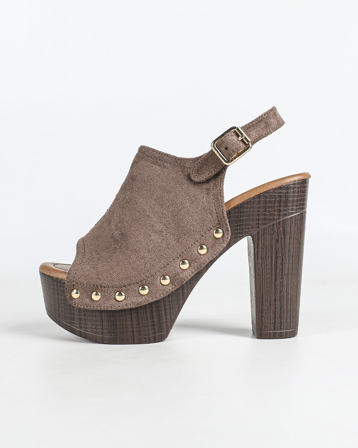 Mescini brown studded platform slingback sandals, side view of one shoe on white, US women's sizes