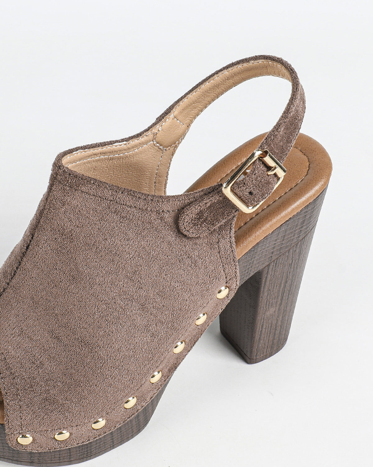 Mescini brown studded platform slingback sandals, close up of the gold stud trim, US women's sizes