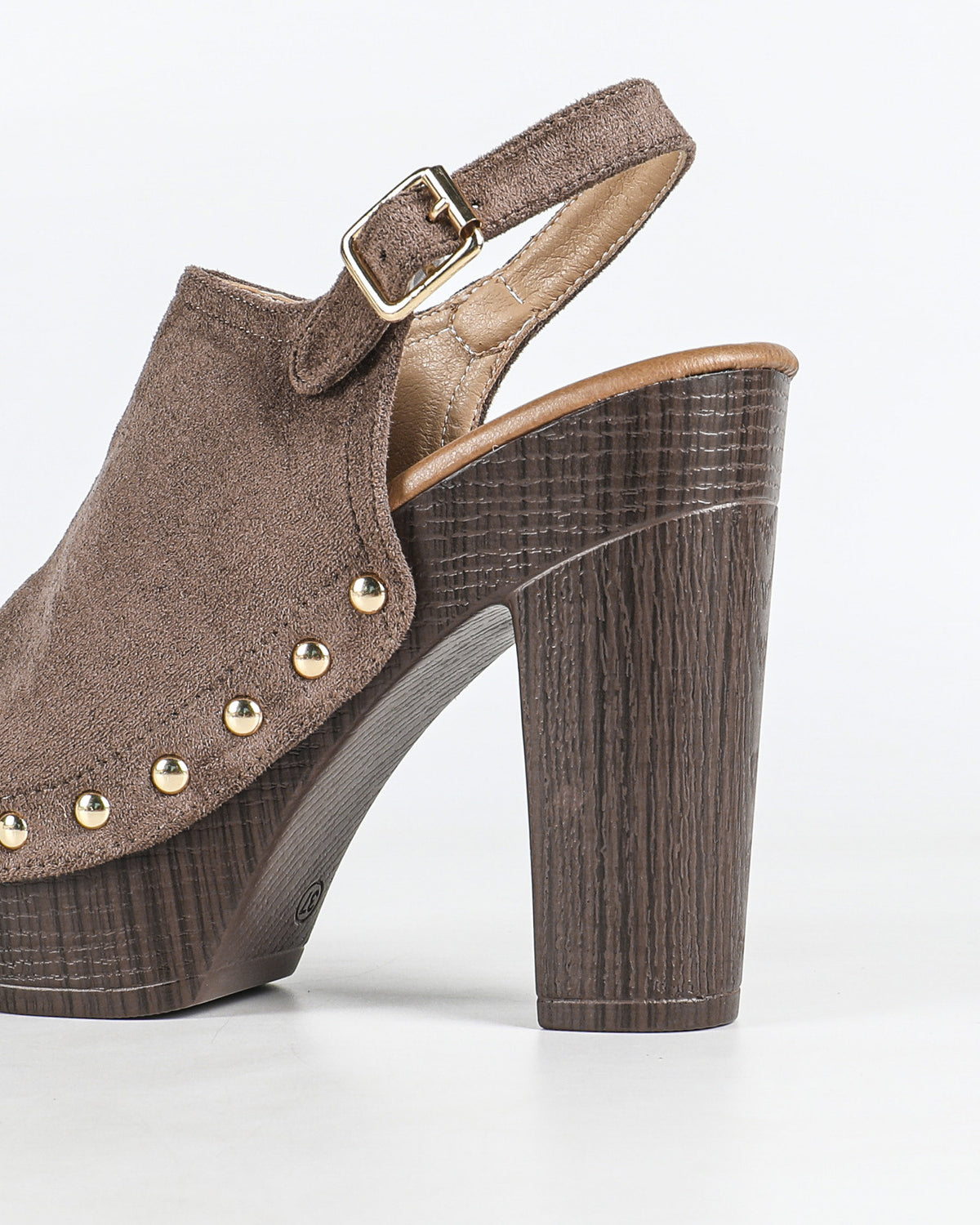 Mescini brown studded platform slingback sandals, rear angle with the wooden heel, US women's sizes