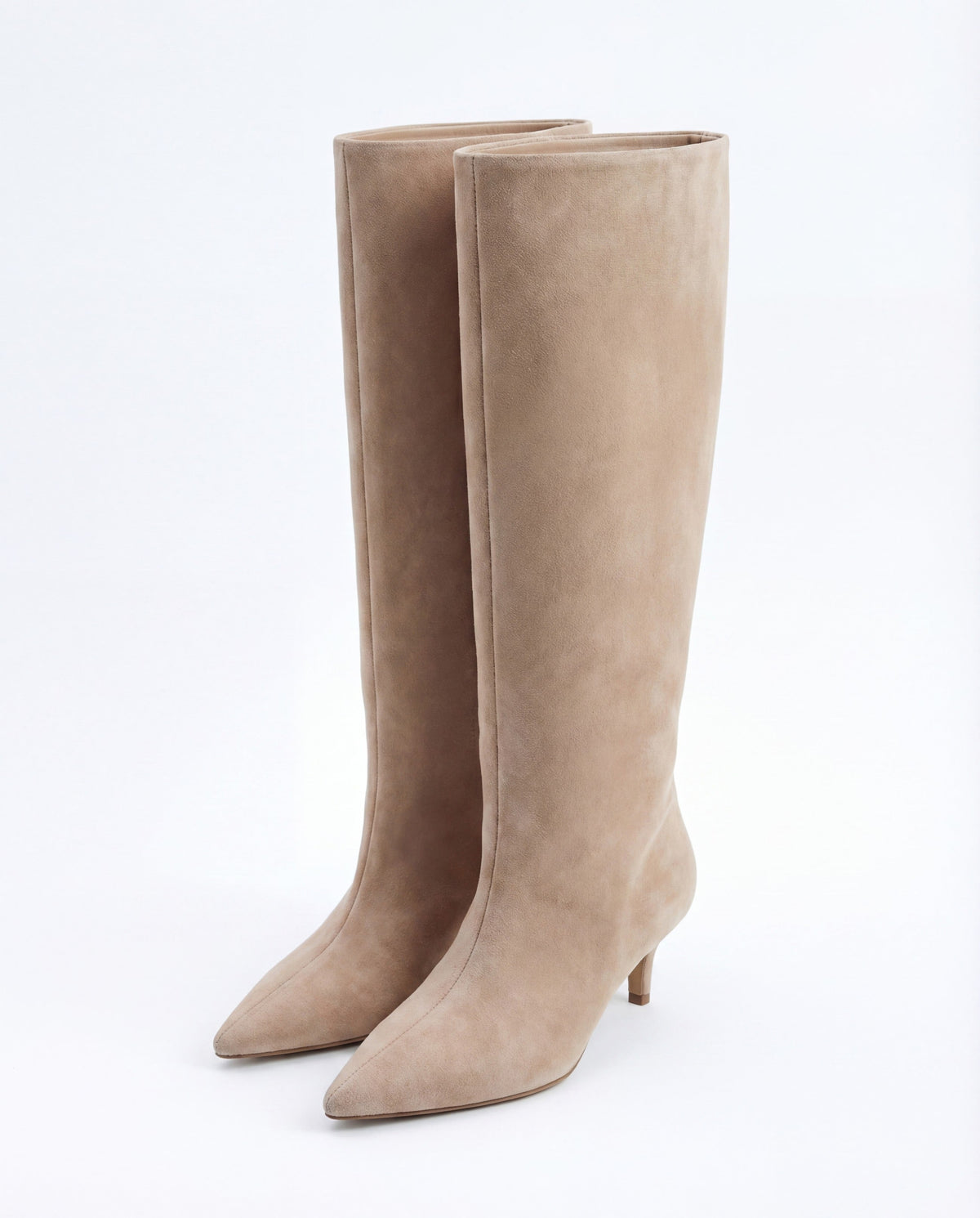 Mescini beige suede knee high boots, angled pair view on a pale floor, US size guide