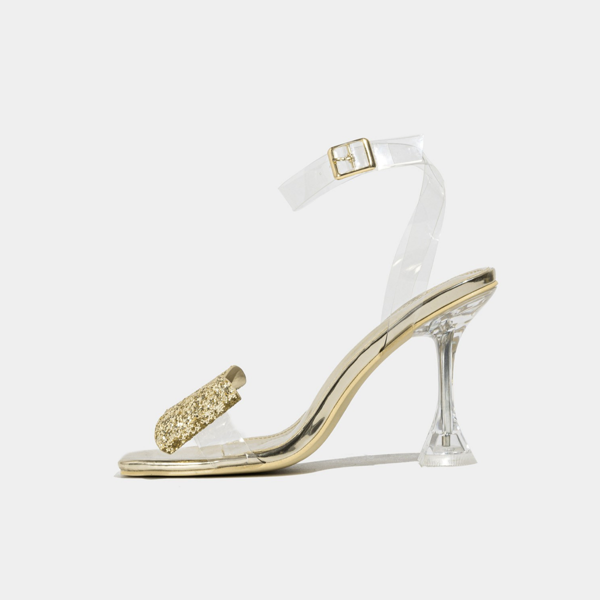 Mescini – Champagne glitter clear strap sandal, single shoe side profile, US women's sizes