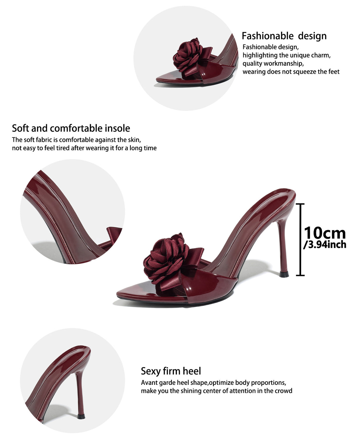 Mescini – Burgundy rose stiletto mule, supplier spec sheet with 10 cm heel, US women's sizes