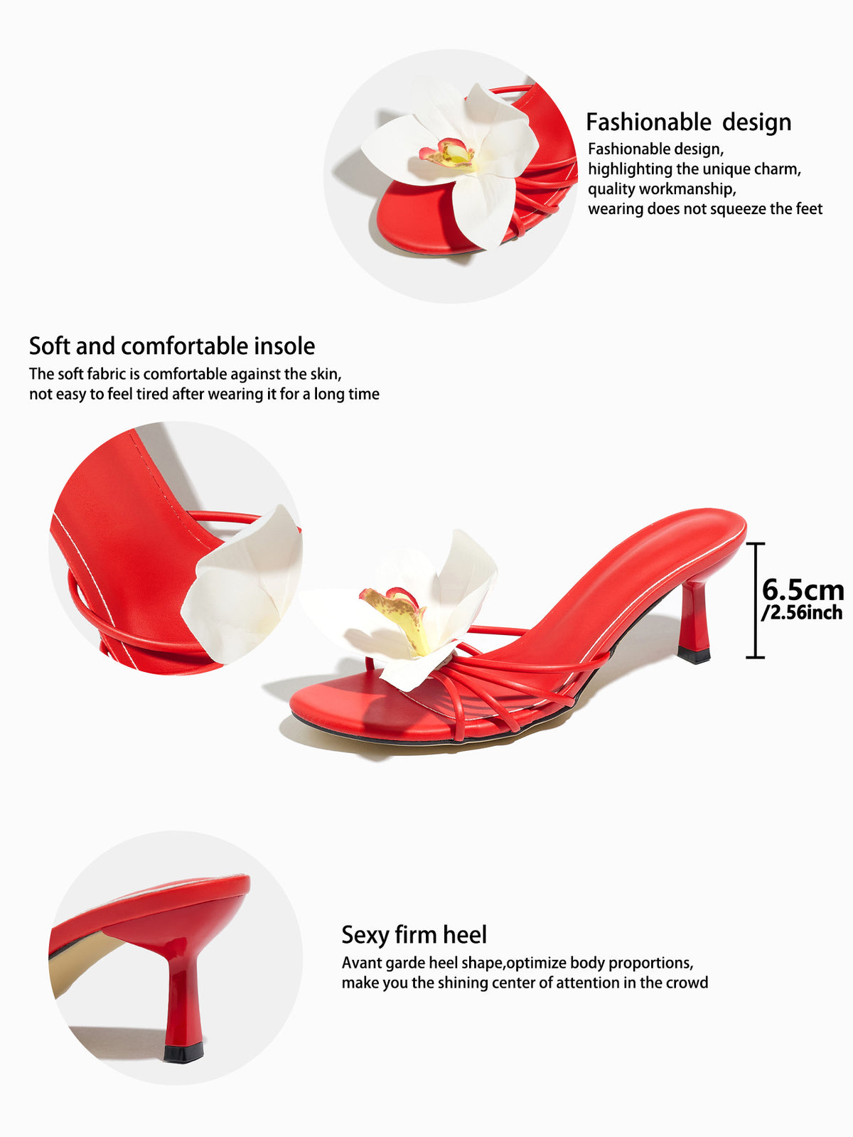 Mescini red orchid bloom strappy heeled mules, feature graphic with 6.5 cm height, US women's sizes