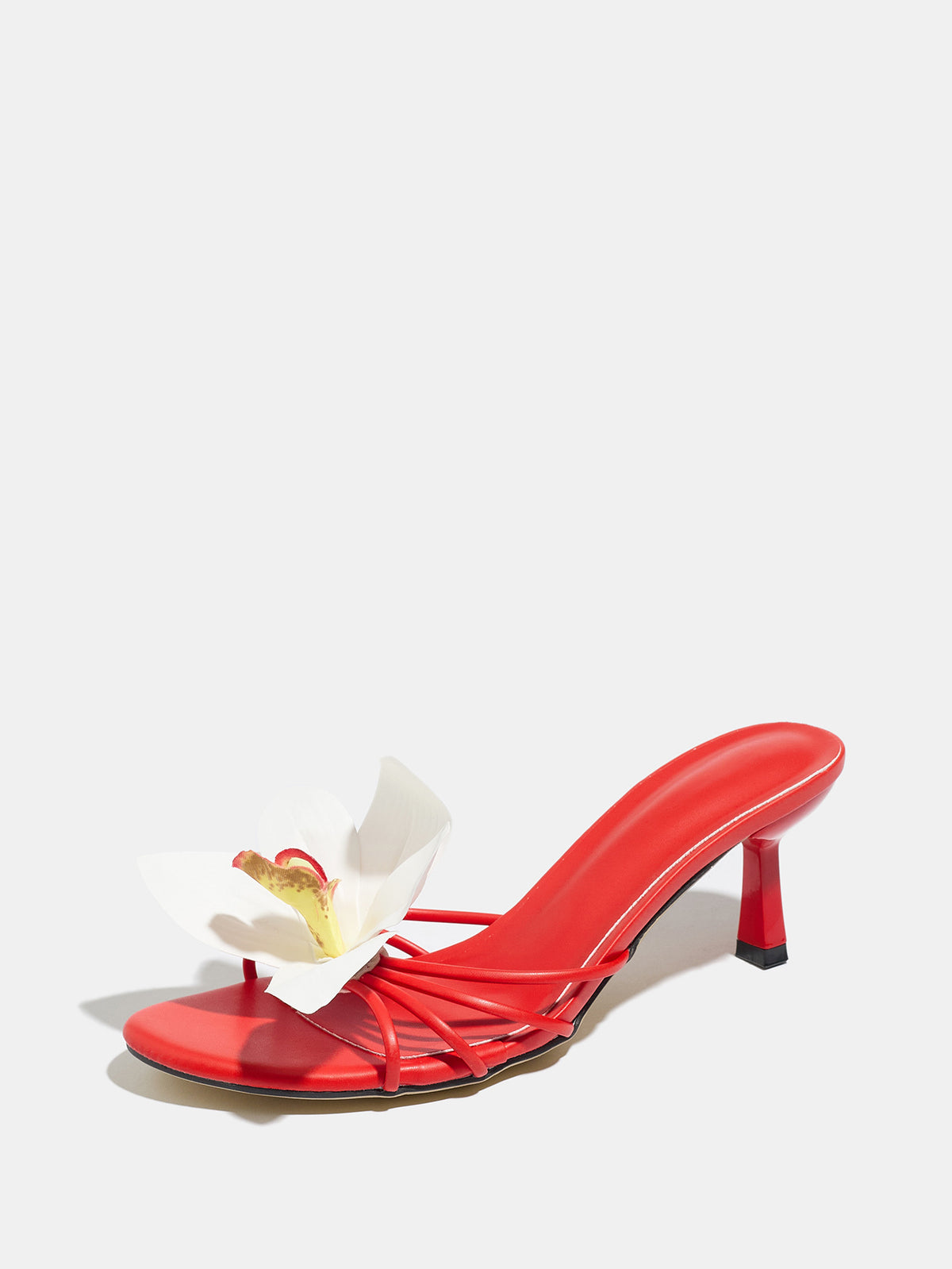Mescini red orchid bloom strappy heeled mules, single shoe seen from the front, US women's sizes