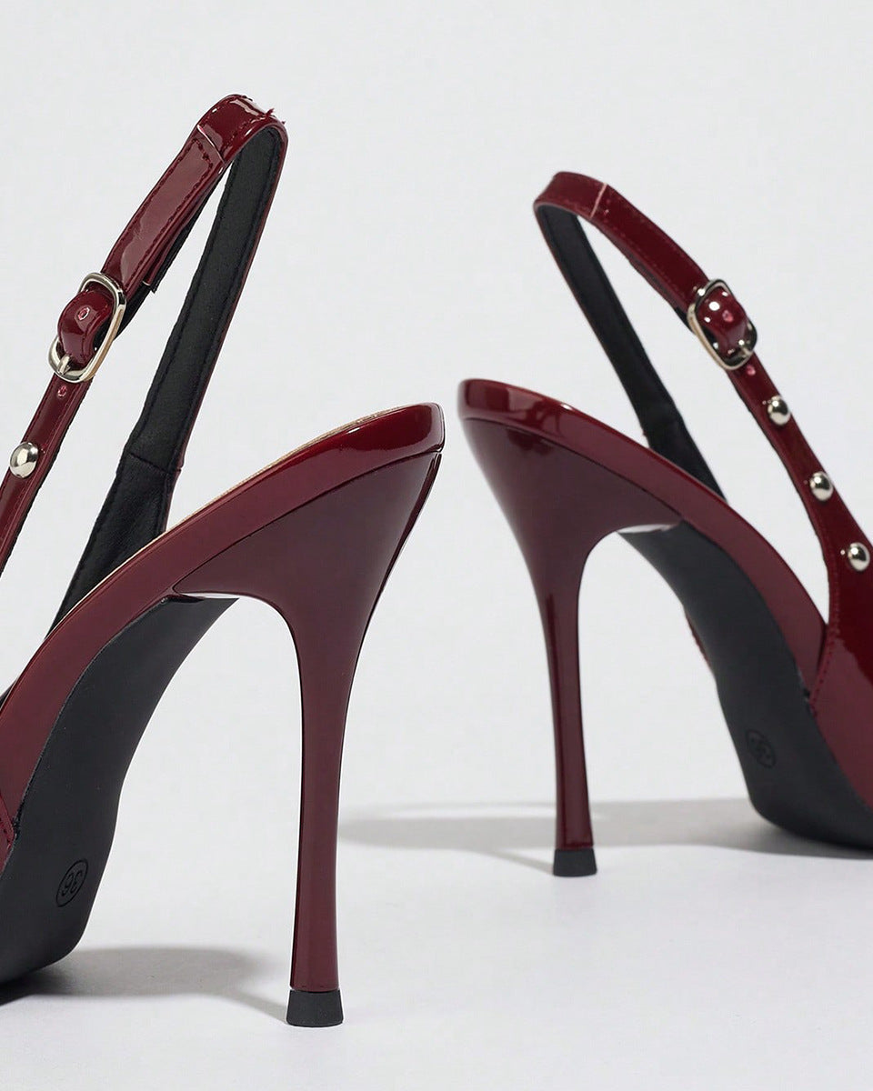 Mescini - Burgundy studded slingback stiletto heels, back view of the slings, US women's sizes