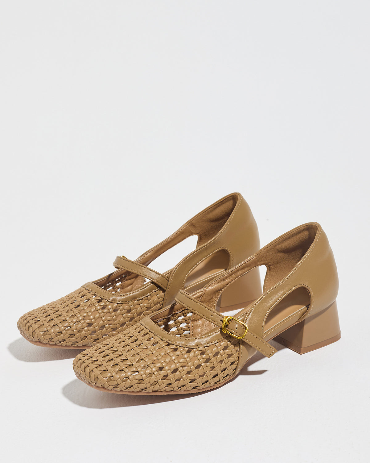 Mescini taupe woven square toe mary jane heels, pair angled towards the camera, US women's sizes
