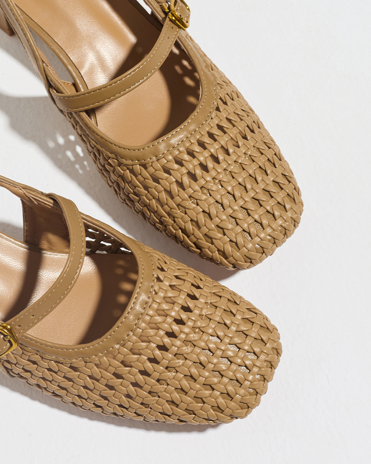 Mescini taupe woven square toe mary jane heels, close crop of the upper and strap, US women's sizes