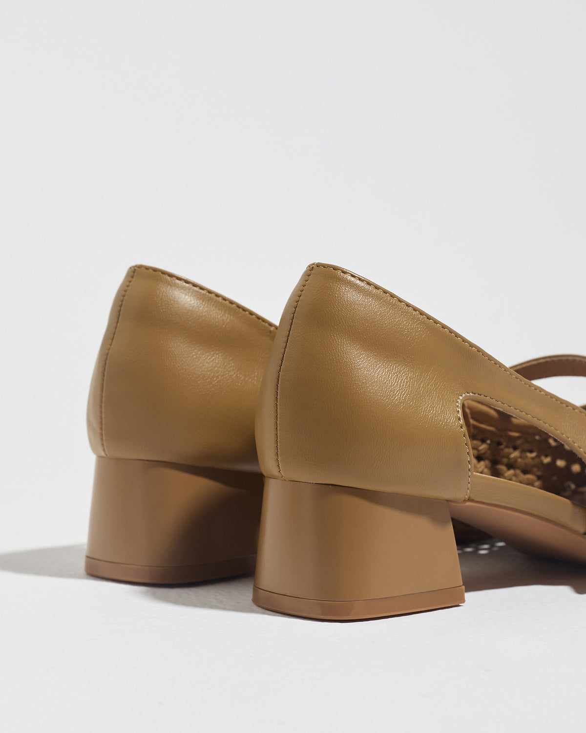 Mescini taupe woven square toe mary jane heels, back view of the stacked block, US women's sizes