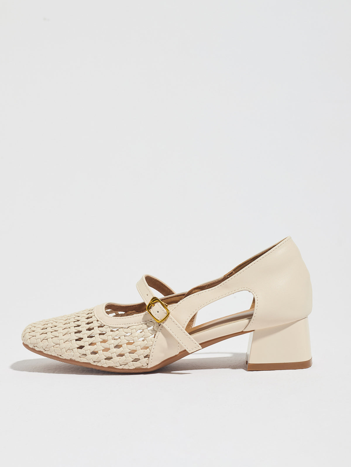 Mescini white woven square toe mary jane heels, single shoe in full side view, US women's sizes