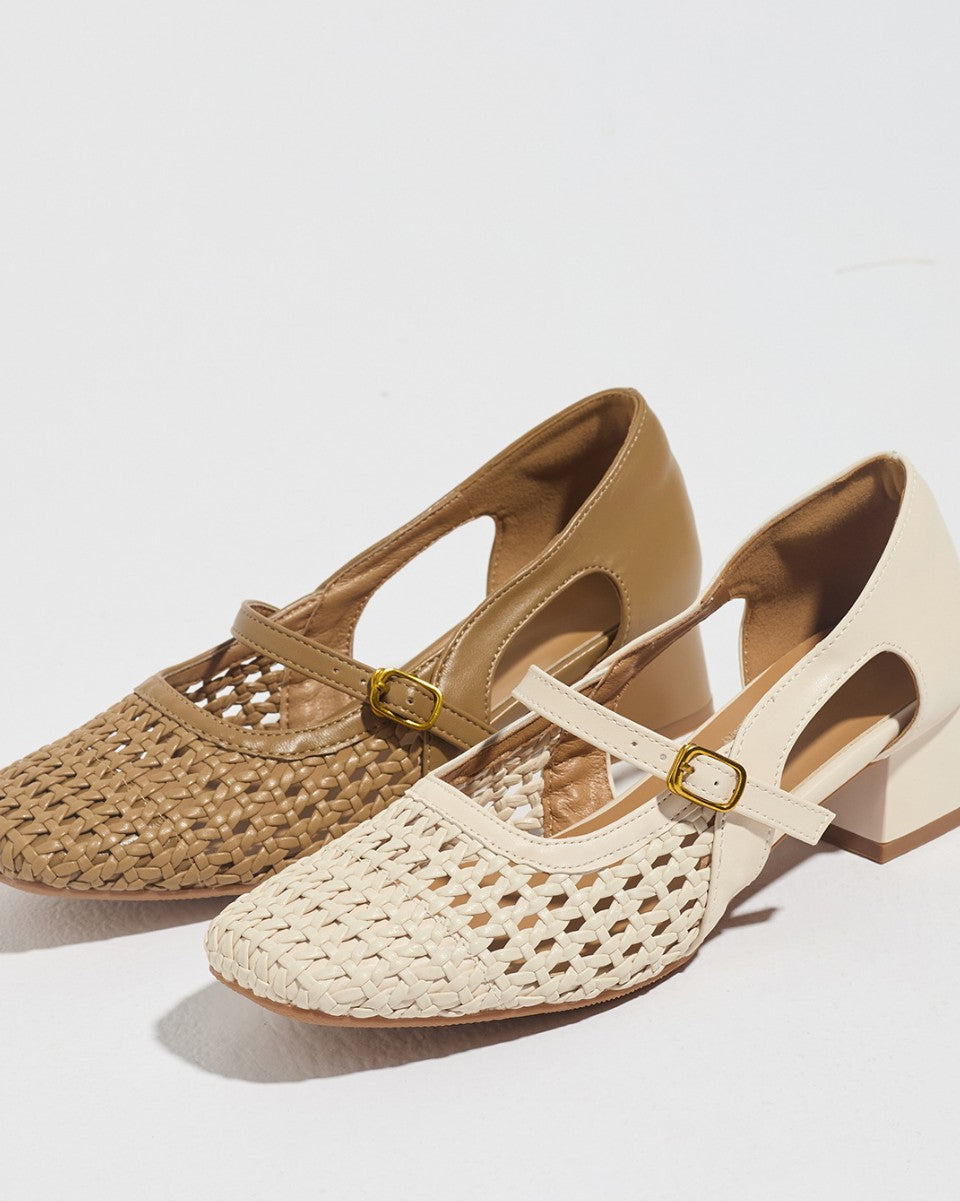 Mescini – cream woven mary jane heels beside a taupe pair, angled view, US women's sizes