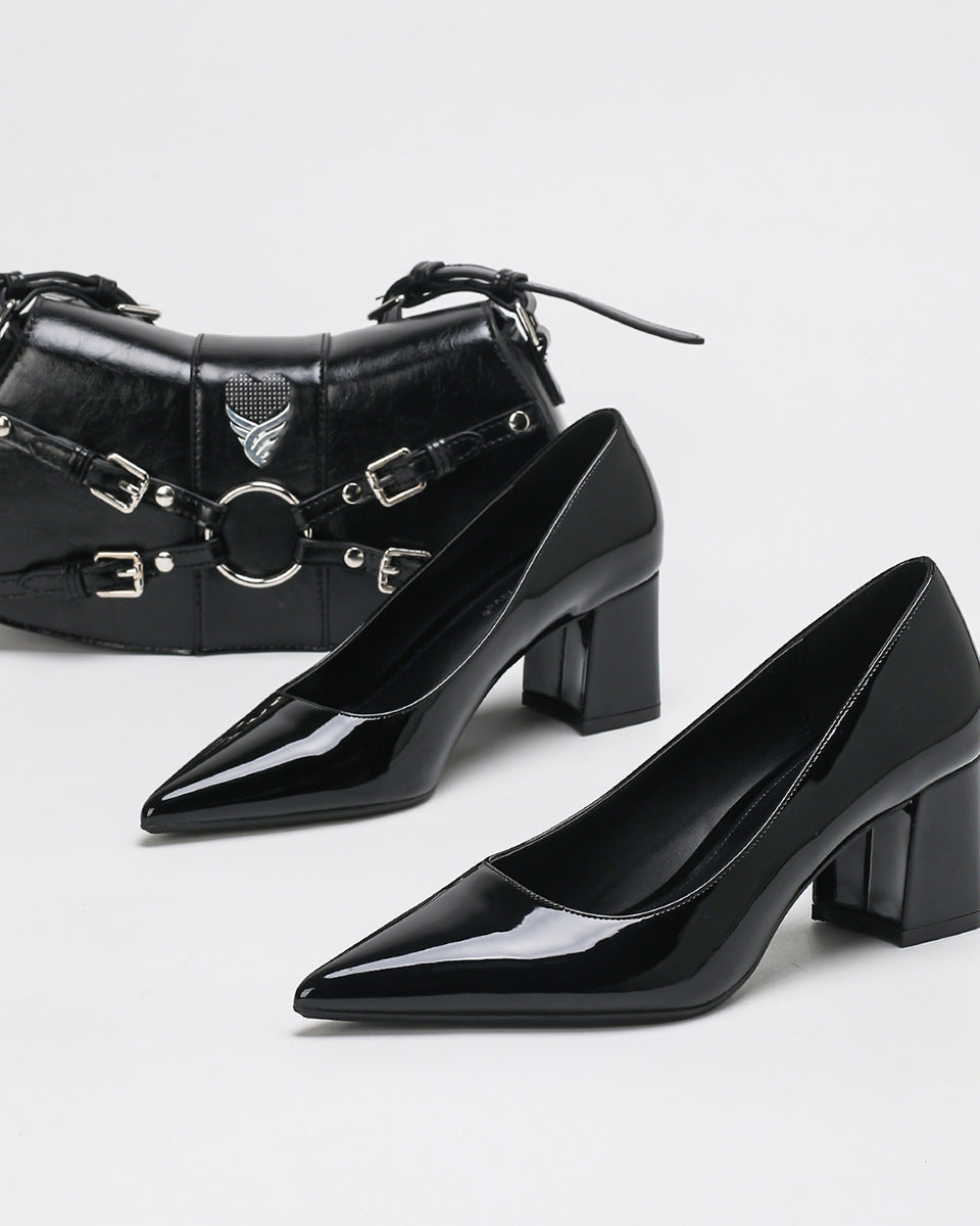 Mescini - black pointed toe block heel pumps with a shoulder bag, angled pair, US women's sizes