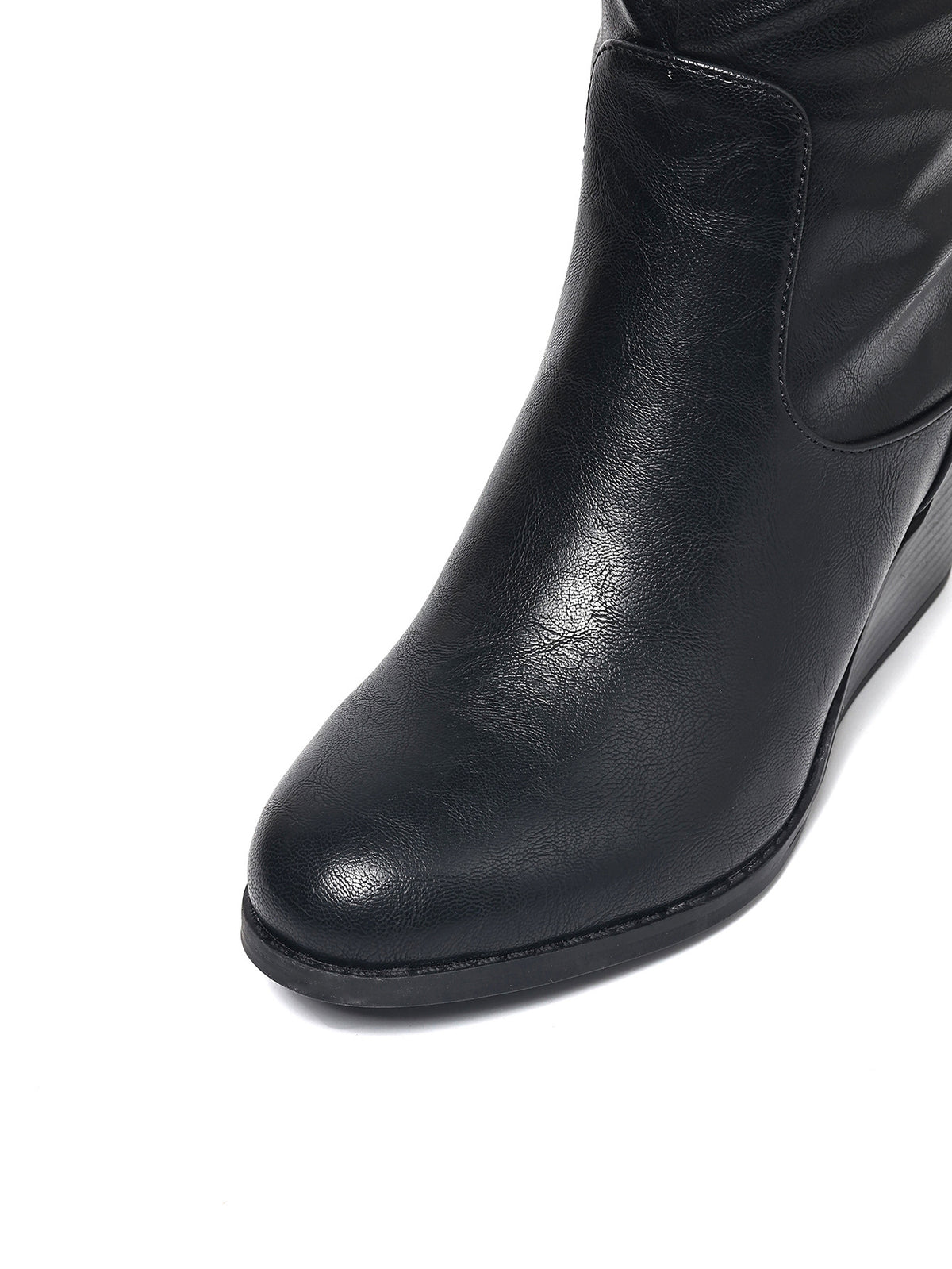 Mescini black slouchy wedge knee high boots, close up of the round toe and low sole, US women's sizes