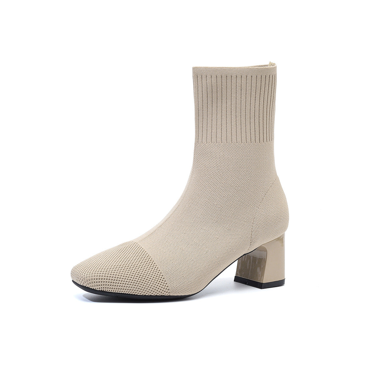 Mescini – apricot knit sock ankle boot, angled studio view of block heel, US women's sizes