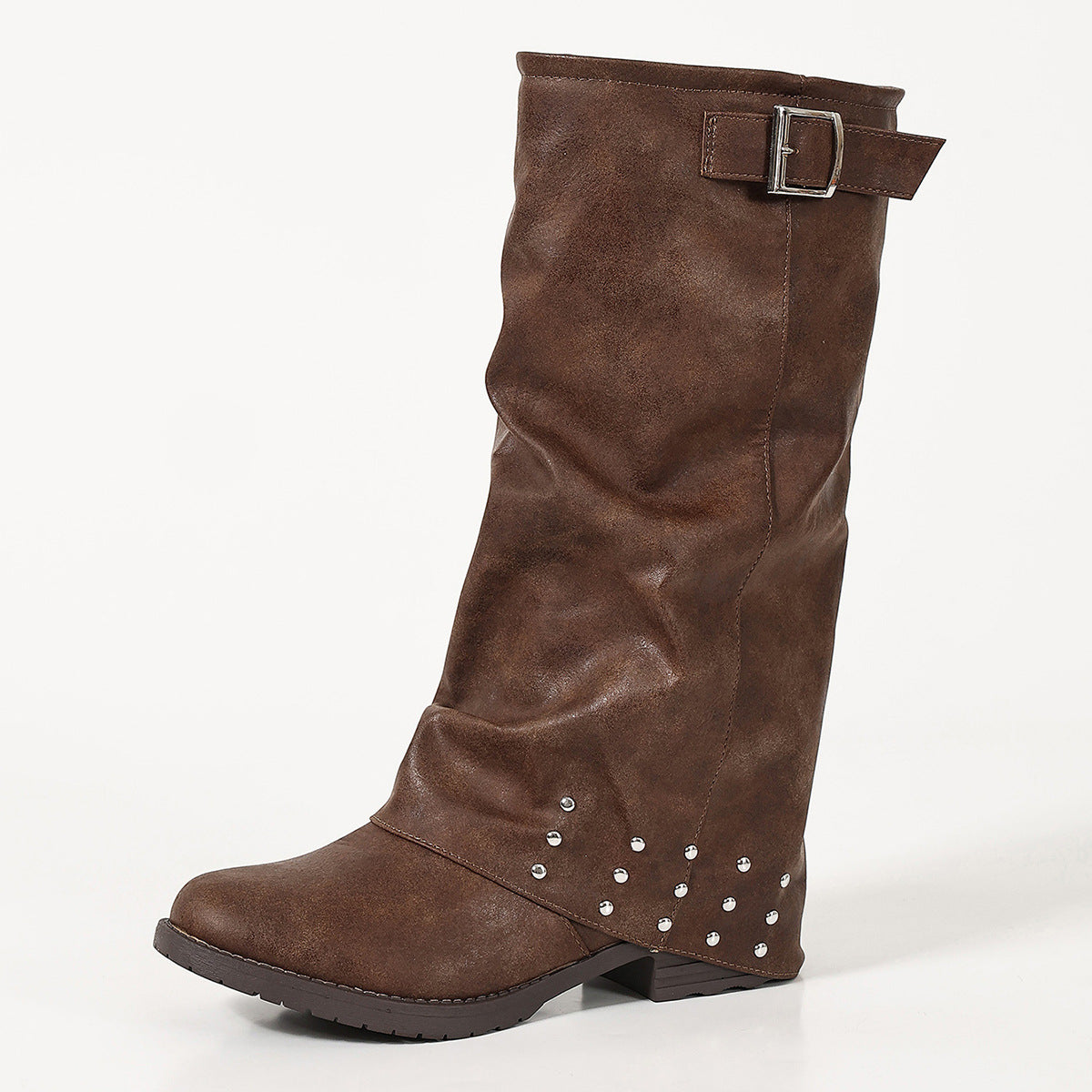Mescini dark brown fold over slouch boots single boot studio profile, US women's sizes