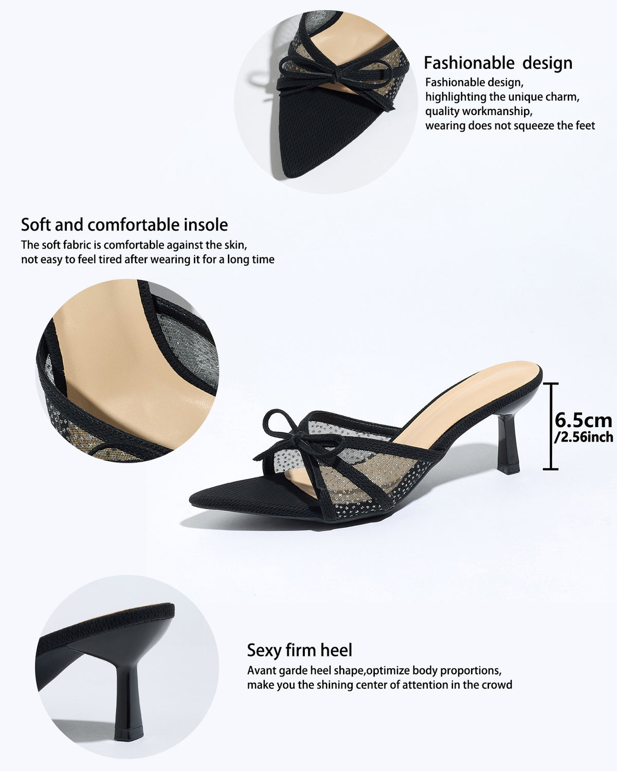 Mescini black bow mesh pointed toe mules, graphic marking the 6.5 cm heel, US women's sizes