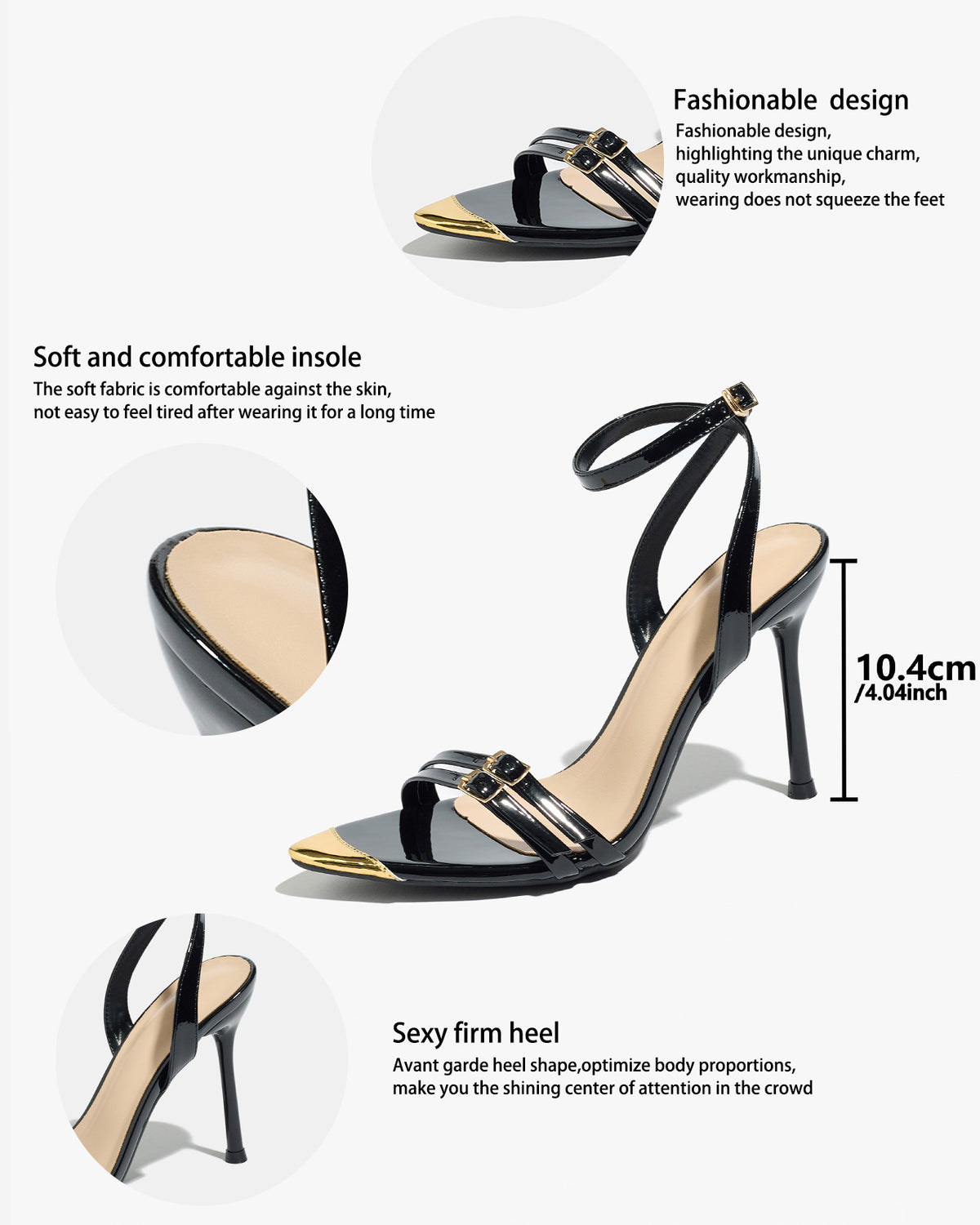 Mescini - Black ankle strap stiletto sandal, supplier spec sheet with 10.4 cm heel, US women's sizes