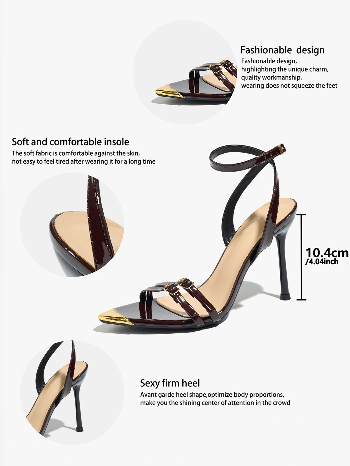 Mescini - Black gold tip stiletto sandal, supplier spec sheet with insole detail, US women's sizes
