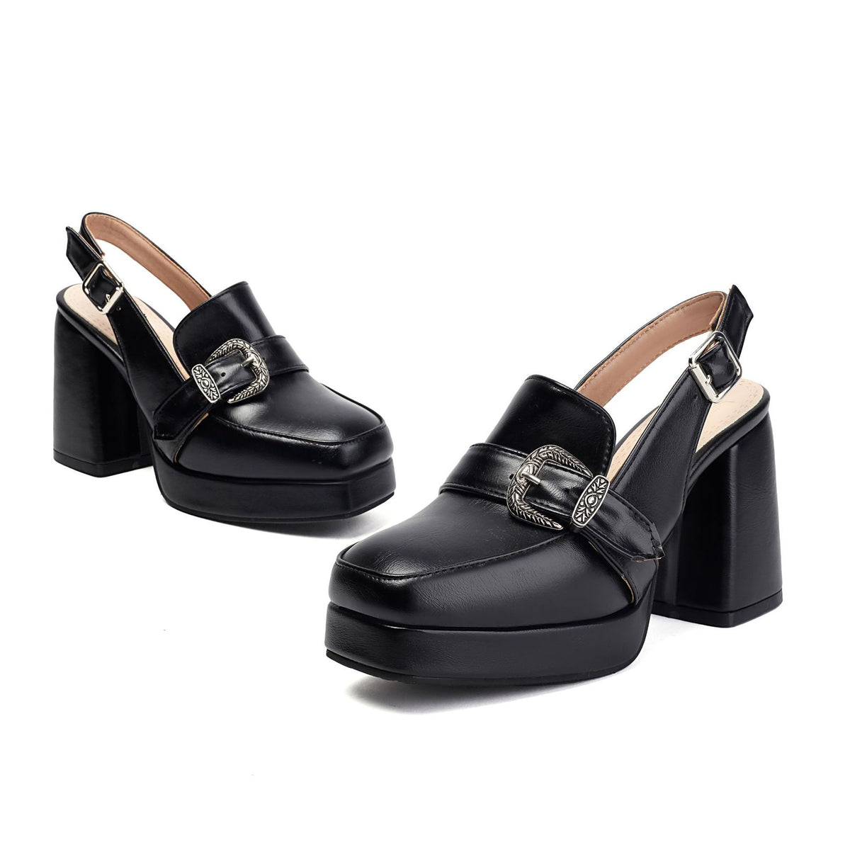 Mescini black square toe platform slingback loafers, pair posed on a white ground, US women's sizes