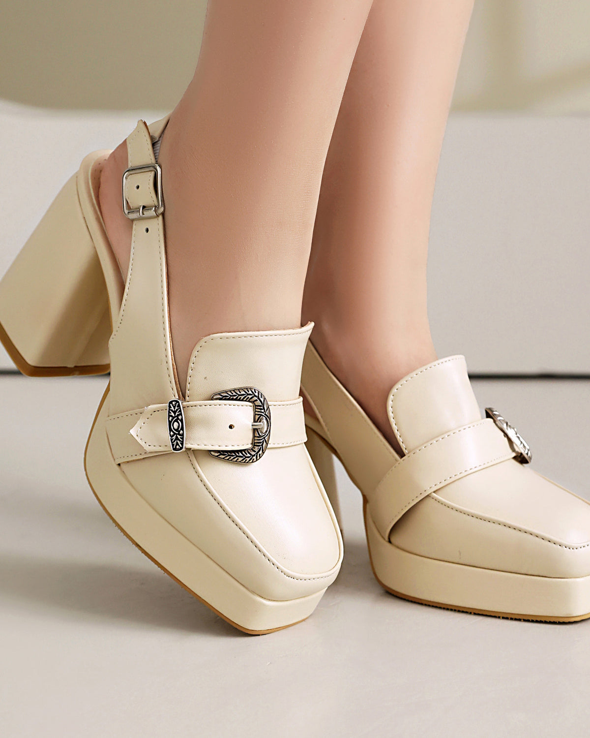 Mescini - Beige platform slingback loafers seen from the side on foot, US women's sizes