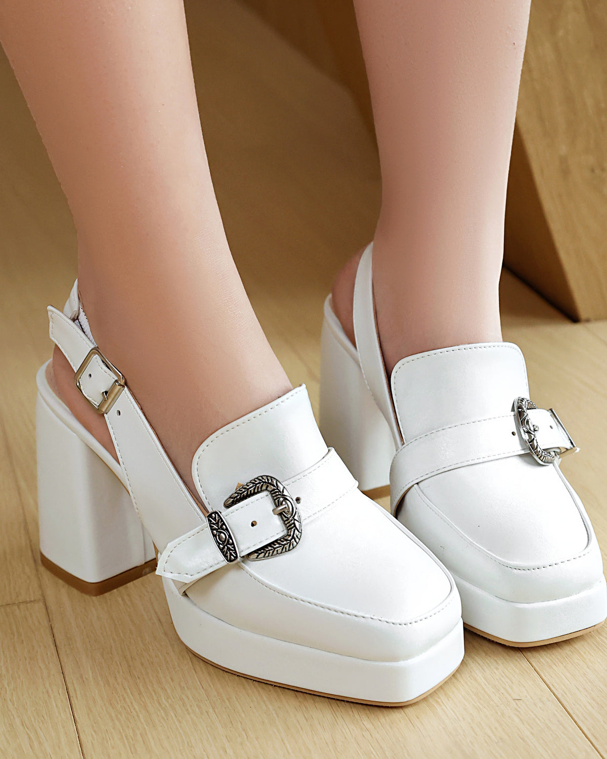 Mescini - White platform block heel loafers with buckle strap, front view, US women's sizes