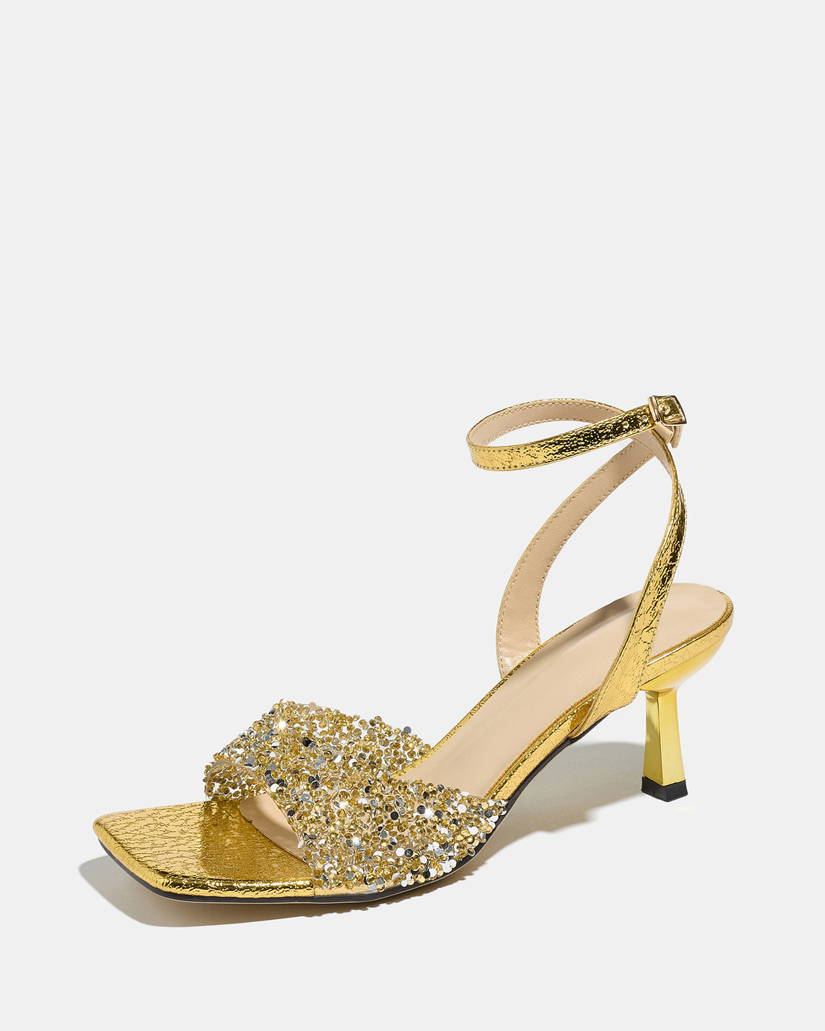Mescini gold rhinestone square toe heeled sandals, single shoe in full side view, US women's sizes