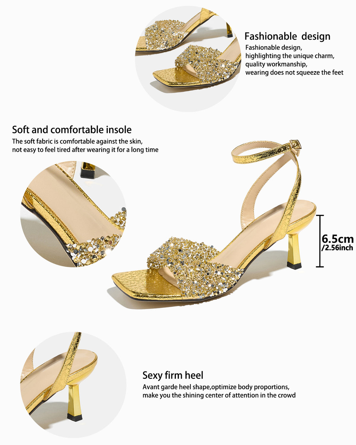 Mescini gold rhinestone square toe heeled sandals, feature graphic with a 6.5 cm callout, US women's sizes