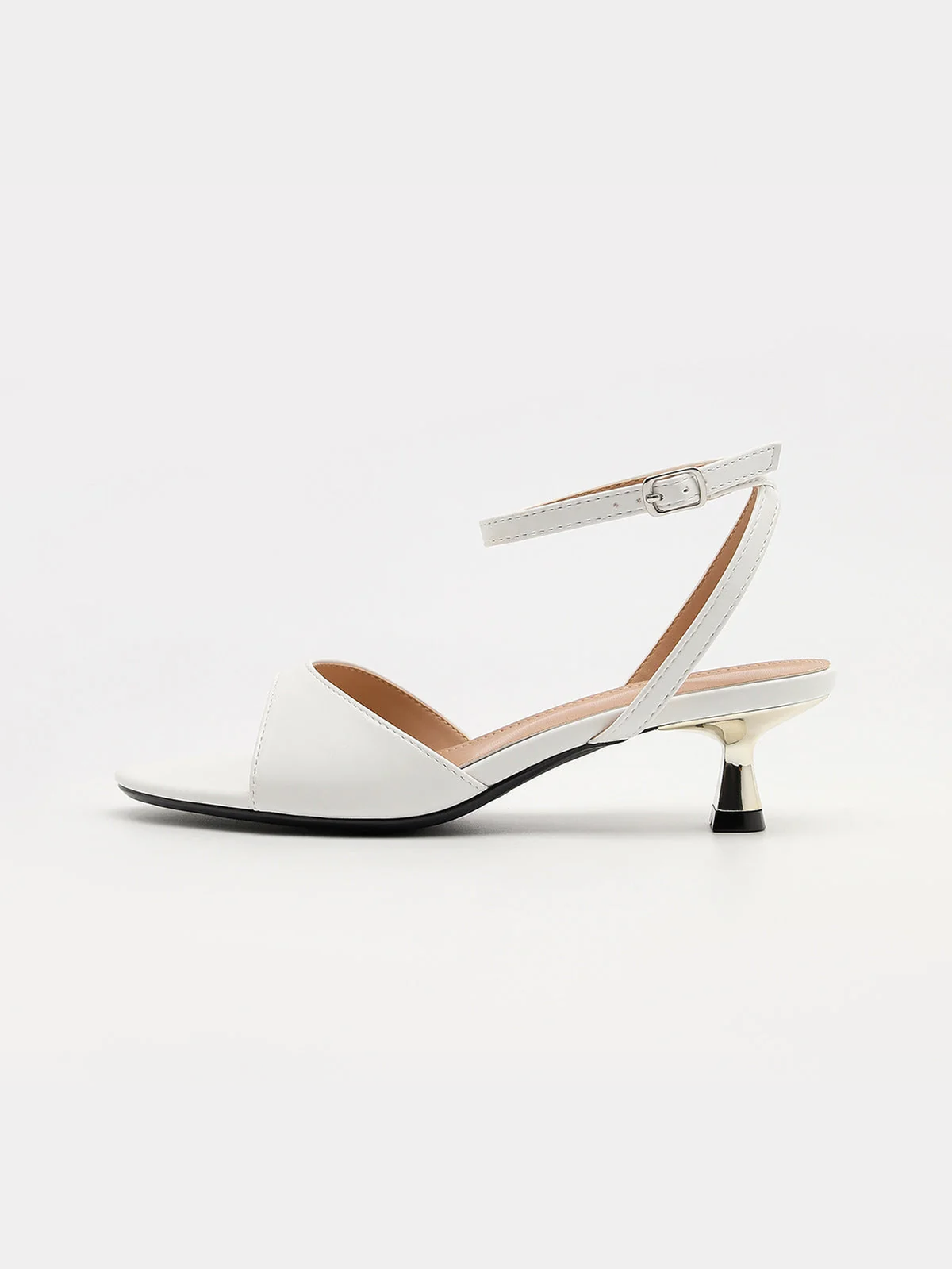 Mescini white ankle strap kitten heel sandals, single shoe profile on a pale ground, US women's sizes
