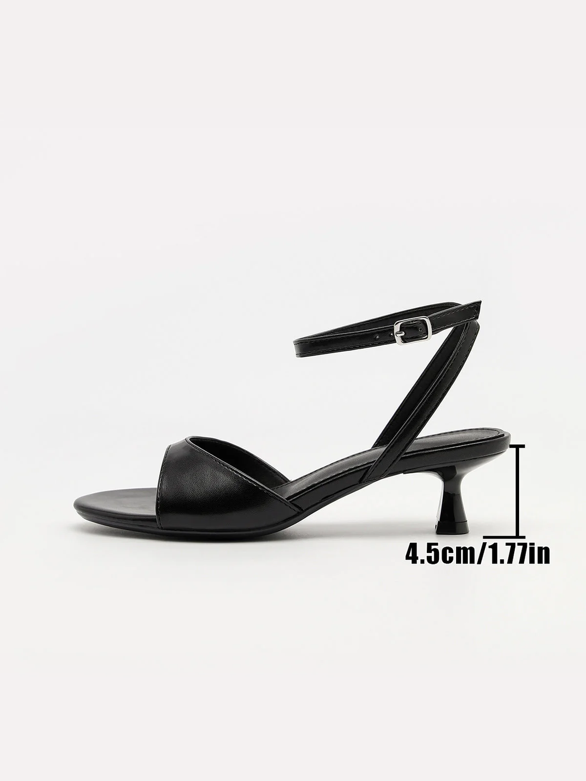 Mescini black ankle strap kitten heel sandals shown with the 4.5 cm height marked, US women's sizes