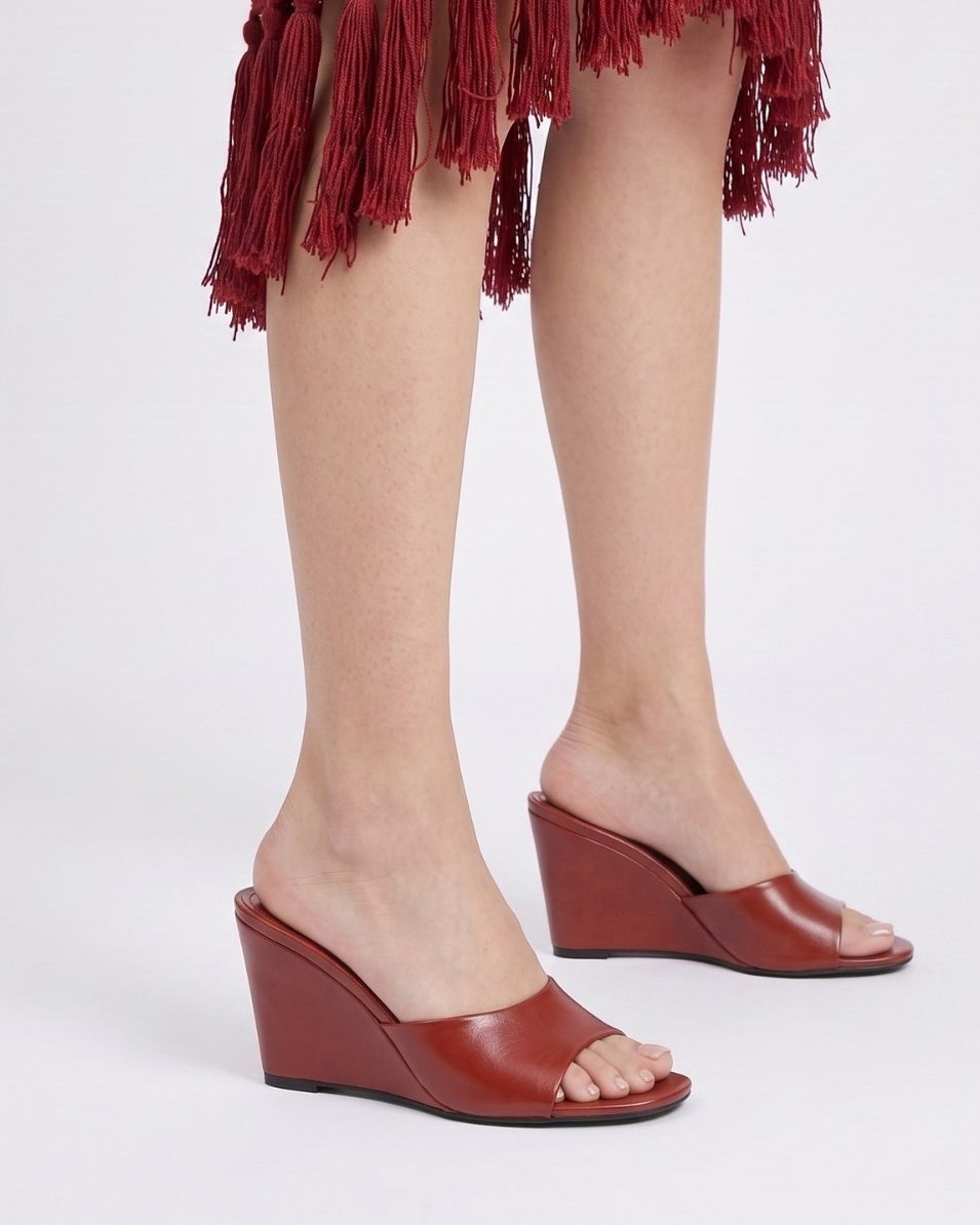 Mescini – red wedge mules worn standing, full wedge profile view, US women's sizes
