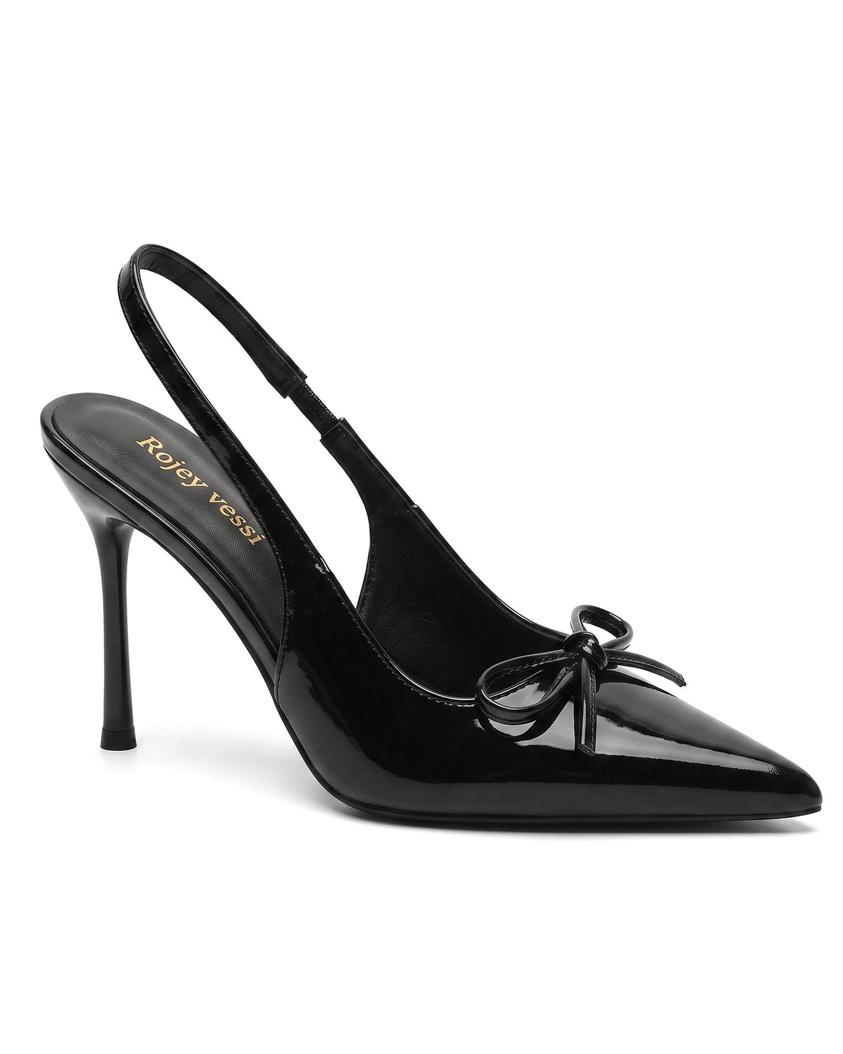 Mescini black patent slingback stiletto heels studio shot, bow on the vamp, US womens sizes